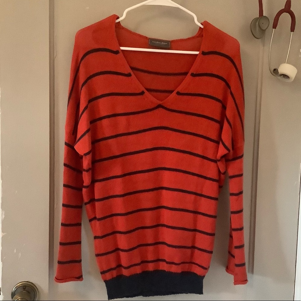 Dark navy blue and red shrug sweater wooden ships